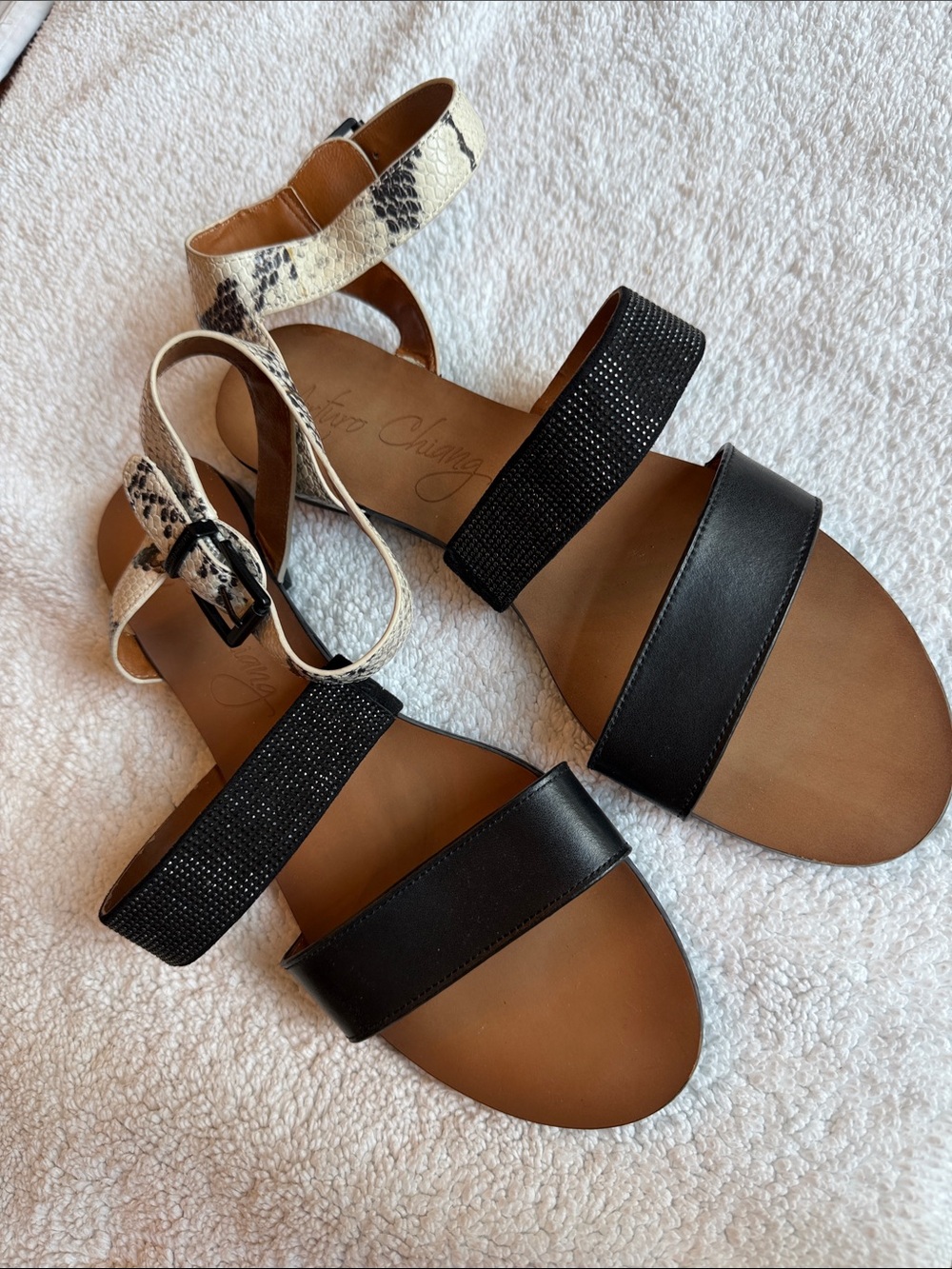 Arturo Chiang Black & Snake-Print Strappy Flat Sandals